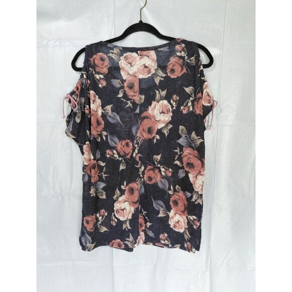 Naif Cold Shoulder Blouse Cinch Tie Large Romantic Whimsigoth Dark Floral - Picture 2 of 8